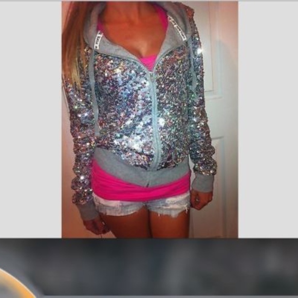 Victoria Secret Pink Hoodie Bling Silver Sequin - Picture 2 of 6